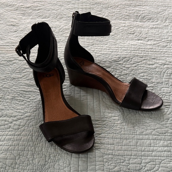 UGG Black Leather Wedge Sandals